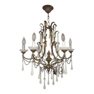 1900s Gilt Chandelier With White Opaline Crystals For Sale