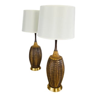 Pair of Mid-Century Modern Brutalist Abstract Ceramic Table Lamps – Geometric Textured Design For Sale