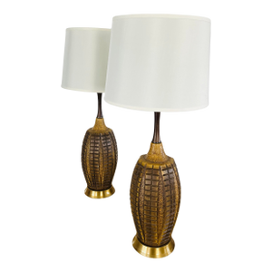 Pair of Mid-Century Modern Brutalist Abstract Ceramic Table Lamps – Geometric Textured Design