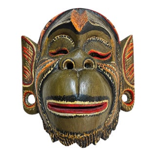 Vintage Balinese Hand-Carved & Painted Wood Barong Monkey Wall Mask For Sale