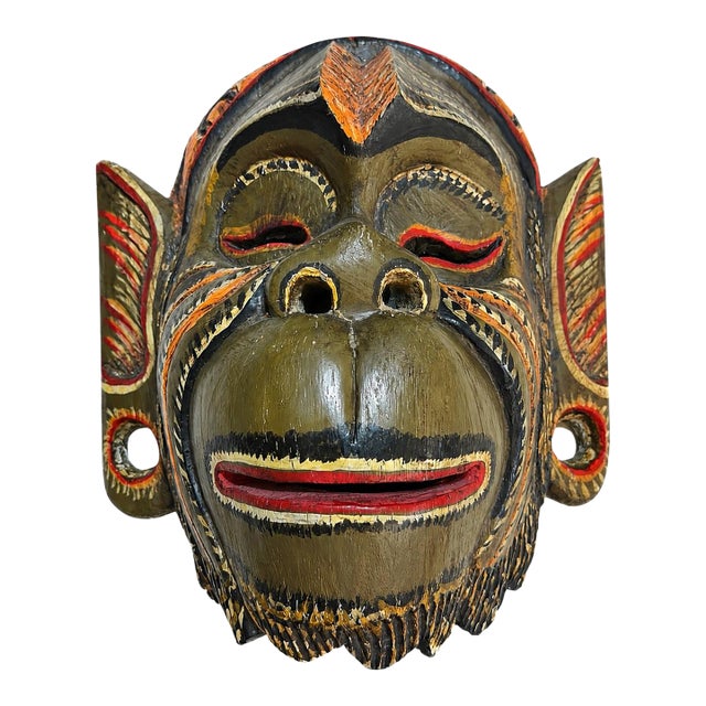 Vintage Balinese Hand-Carved & Painted Wood Barong Monkey Wall Mask For Sale
