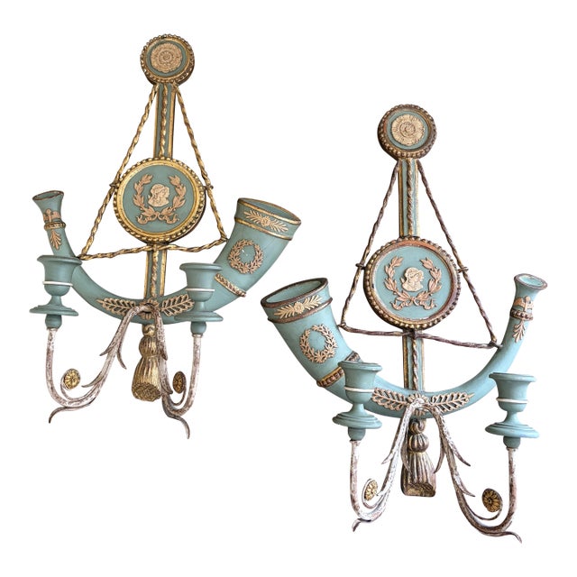 Pair of Italian Neoclassical Sconces in Celadon Green and Gilt For Sale