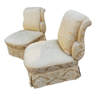 Pair Scroll-Back Slipper Chairs in Yellow Floral Damask Brocade, Pair For Sale