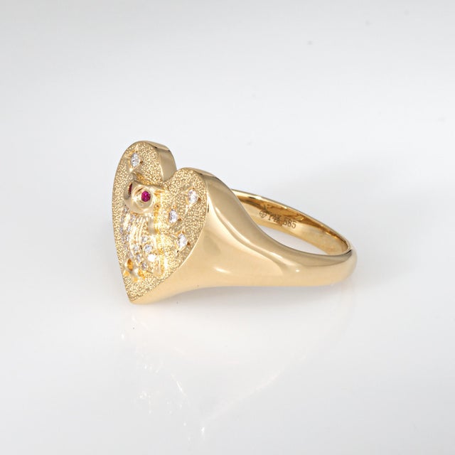 Mid 20th Century Mid 20th Century Diamond Owl Heart Ring Signet 14k Yellow Gold Sz 6.5 Fine Jewelry Ruby Eyes For Sale - Image 5 of 7