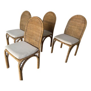 Vintage Coastal Organic Woven Wicker & Metal Frame Dining Chairs – Set of 4 For Sale