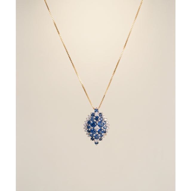 1980s 14k Gold Diamond & Blue Sapphire Cluster Pendant Necklace For Sale - Image 4 of 4