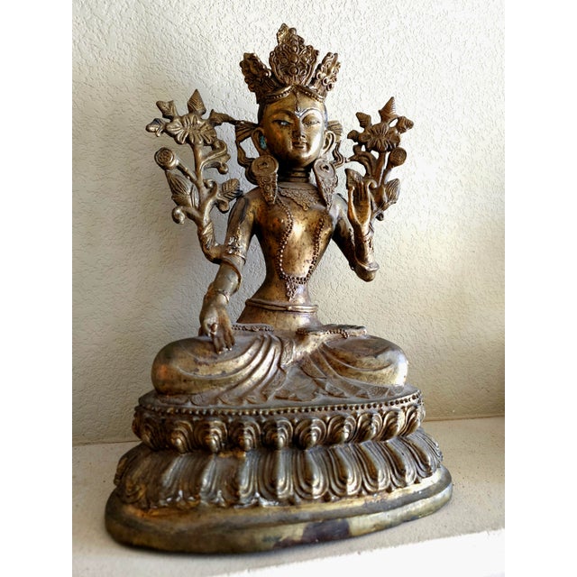 Large Antique Nepali Gilt Bronze Green Tara Sculpture, Late 18th–Early 19th Century For Sale - Image 12 of 12