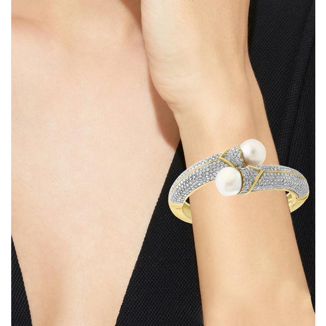 White South Sea Pearl and 8 Carat Diamond Bangle in 18 Karat Yellow Gold Estate For Sale - Image 8 of 18