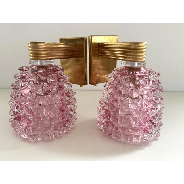 Italian Art Deco Style Brass and Pink Rostrato Murano Glass Wall Sconces, 1990s, Set of 2 For Sale - Image 10 of 13