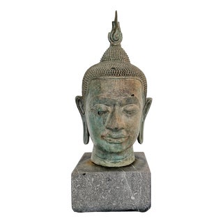 Sukhothai-Buddha Head, 1940s, Cast Bronze on Granite Base For Sale