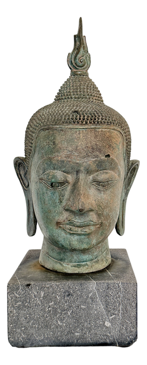 Sukhothai-Buddha Head, 1940s, Cast Bronze on Granite Base