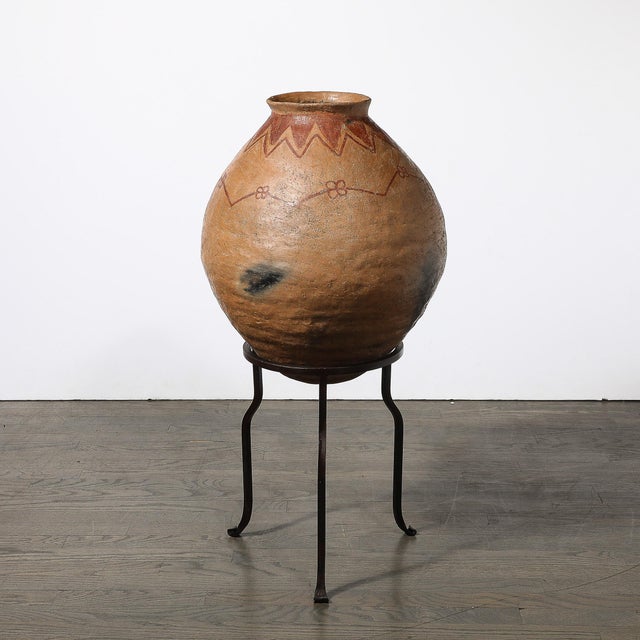 Native American Tribal Terracotta Red Iron Oxide Vessel on Wrought Iron Base For Sale - Image 4 of 12