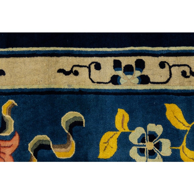 Antique Chinese Art Deco Rug in Deep Blue With Medallion & Botanical Motifs For Sale - Image 12 of 13