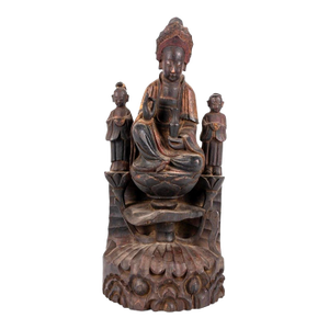 19th Century Chinese Qing Dynasty Carved Wood Guanyin Sculpture With Attendants