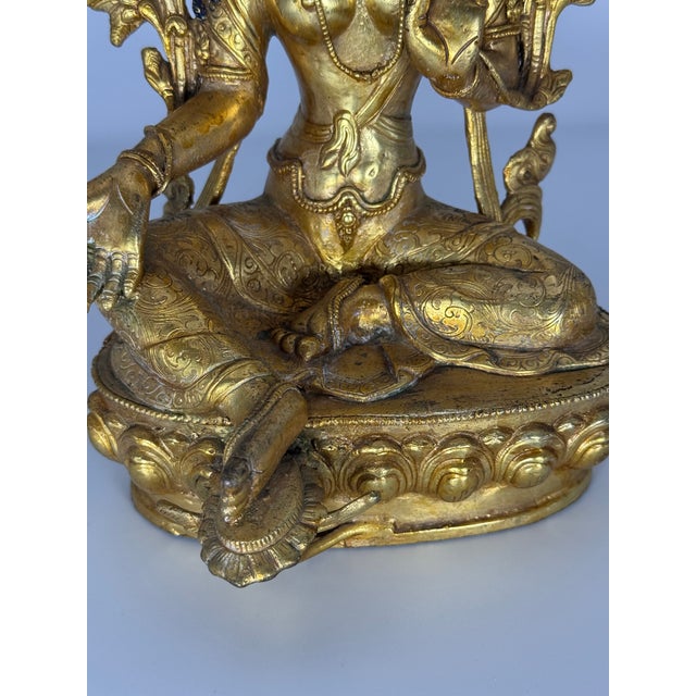 Metal Antique Tibetan Gilt Bronze Green Tara (Syamatara) Seated on Lotus Throne For Sale - Image 7 of 7