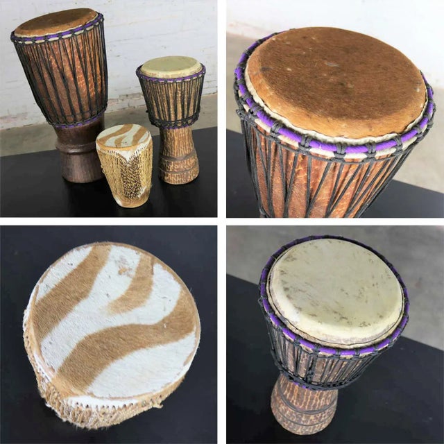 Vintage Trio of Tribal Drums Carved Wood and Animal Hide For Sale - Image 11 of 13