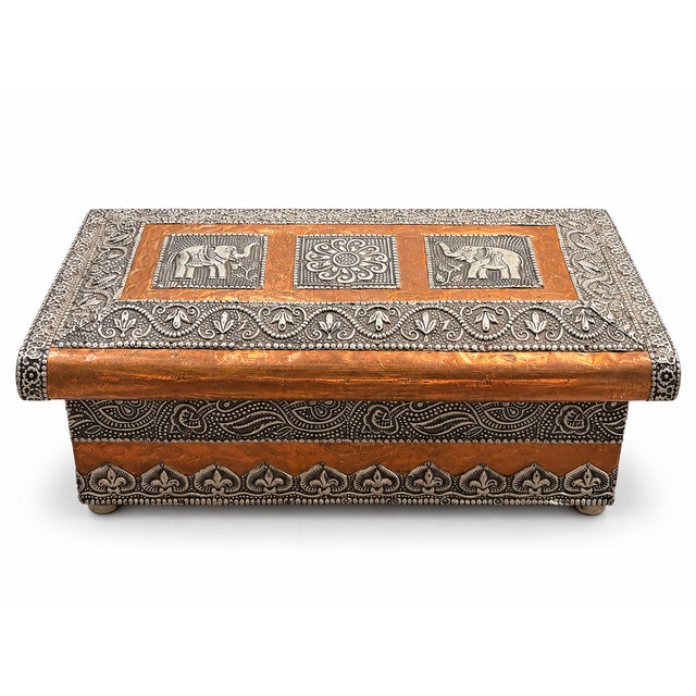 Vintage Large Indian Embossed Silver Metal & Copper Jewelry Chest - 13.5” W For Sale - Image 10 of 10