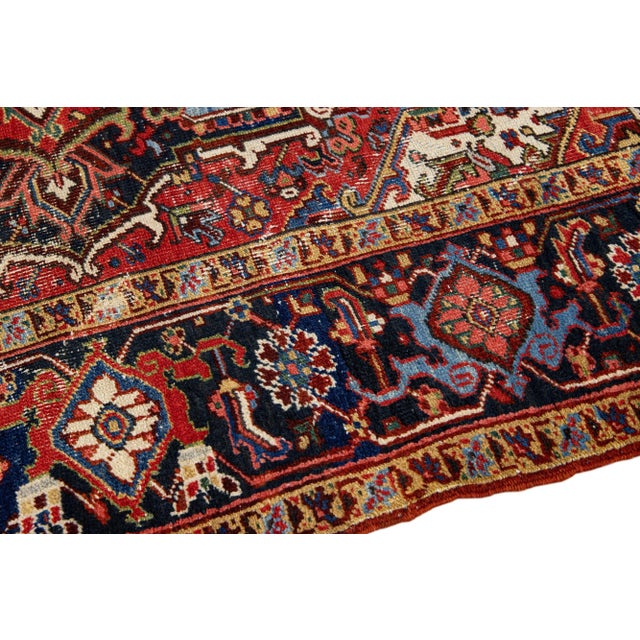 Antique Persian Heriz Red Handmade Medallion Motif Wool Rug For Sale In New York - Image 6 of 11