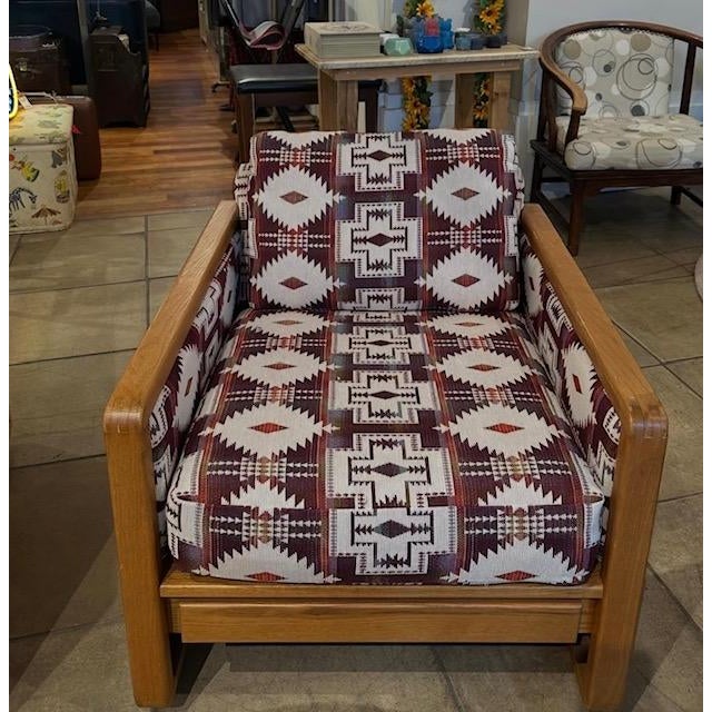 Mid 20th Century Reupholstered MCM Oak Loveseat and Chair Set For Sale - Image 5 of 7