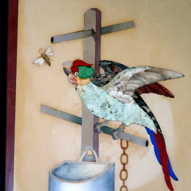 Exceptioal Large Pietra Dura (Pietra Dure) Parrot on a Perch Trying to Catch a Fly - Italian, Vintage or Older. For Sale - Image 4 of 13