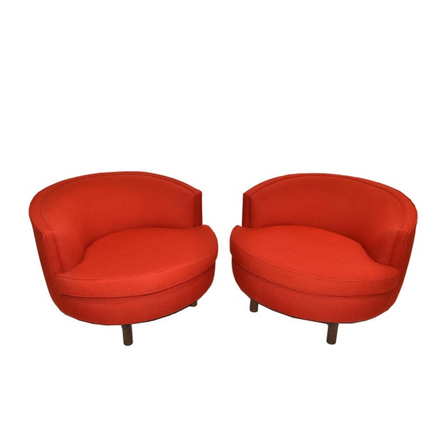 Milo Baughman Style Swivel Chair Walnut Base & Red Italian Bouclé Fabric - Pair For Sale - Image 12 of 13