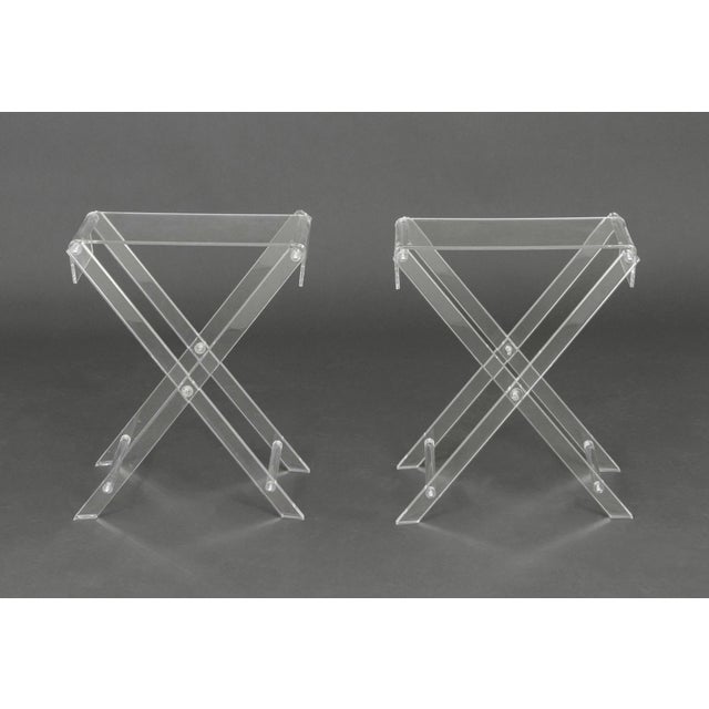Pair of Spisani Italian Clear Acrylic Folding Side Tables, each with x-form base and removable tray top with "Spisani /...