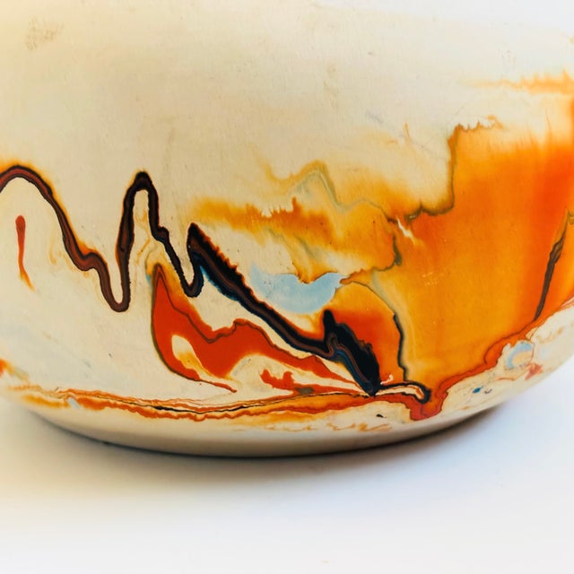 Contemporary Nemadji Pottery Bowl - Blue and Orange Swirls For Sale - Image 3 of 8