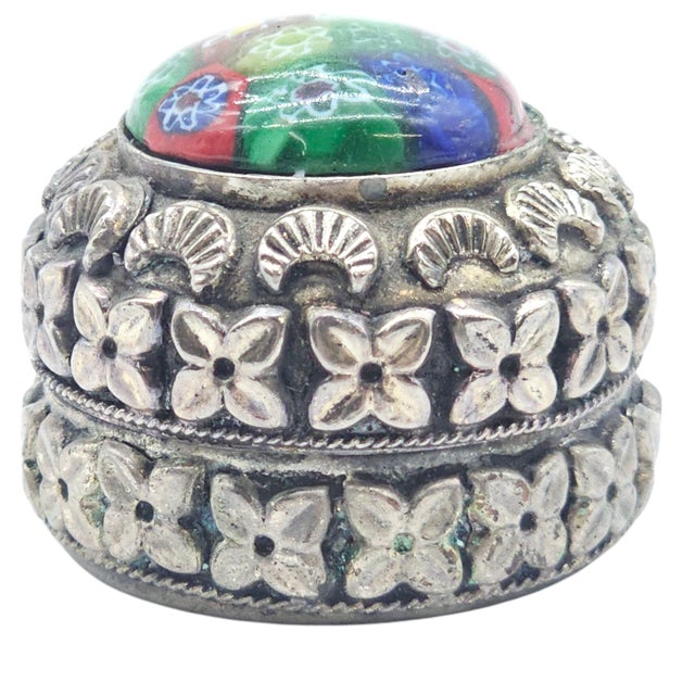 Traditional Vintage Murano Style Millefiori Glass & Silver Plated Filigree Trinket Box For Sale - Image 3 of 9