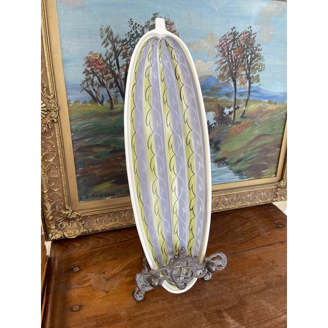 1950s Vintage Mid-Century Modern Poole Pottery England Oval Serving Dish - Abstract Leaf Pattern, Yellow and Gray For Sale - Image 5 of 10