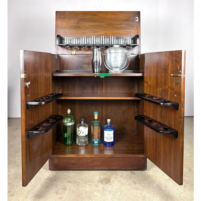 Mid-Century Modern Mid Century Modern Walnut Rolling Bar Cabinet With Glasses by Lane For Sale - Image 3 of 12