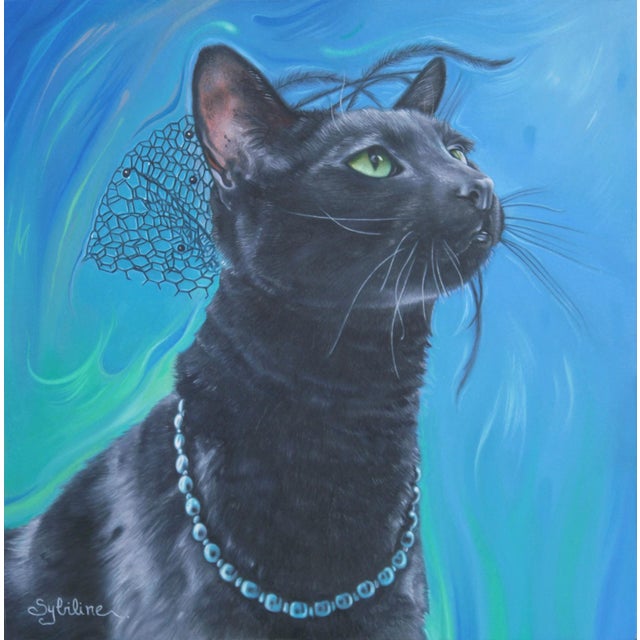 Lady in Black by Sybiline | Oil on panel Portrait of a black cat with a necklace against a blue background. For Sale