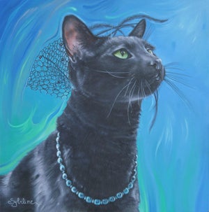 Lady in Black by Sybiline | Oil on panel Portrait of a black cat with a necklace against a blue background.