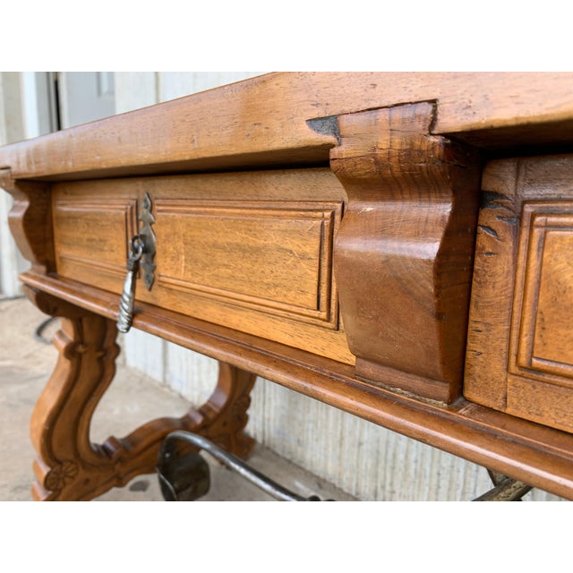 Late 19th Century Spanish Bench or Low Console Table with Drawers, Lyre Legs and Iron Stretcher For Sale In Miami - Image 6 of 18