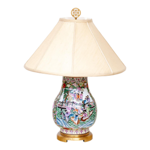 Chinese Famille Rose Millefleurs Hu-Form Porcelain Table Lamp | Figural Scenes | Mid-20th Century | With Shade