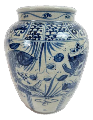 Contemporary Chinoiserie Blue & Bone Fish Design Vase