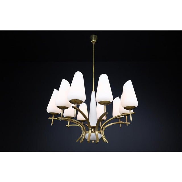Mid-Century Modern Brass and Opaline Glass Chandelier, France, 1950s For Sale - Image 4 of 15