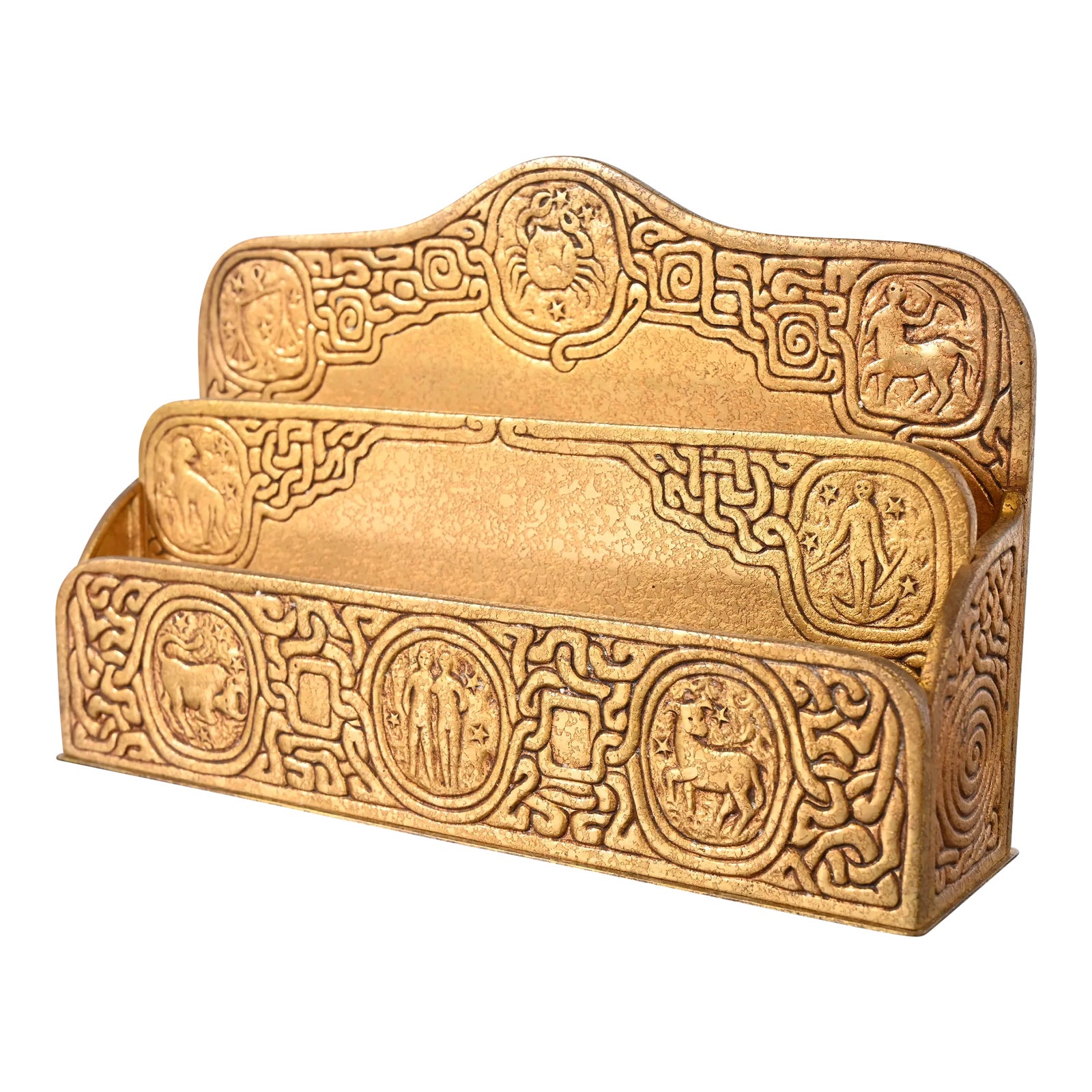 Tiffany Studios New York Zodiac Pattern Bronze Doré Letter Rack | Chairish