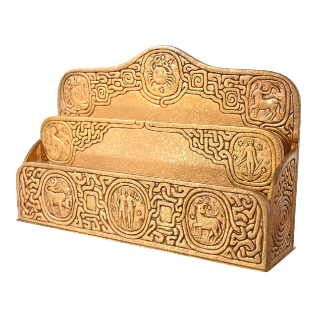 Tiffany Studios New York Zodiac Pattern Bronze Doré Letter Rack For Sale