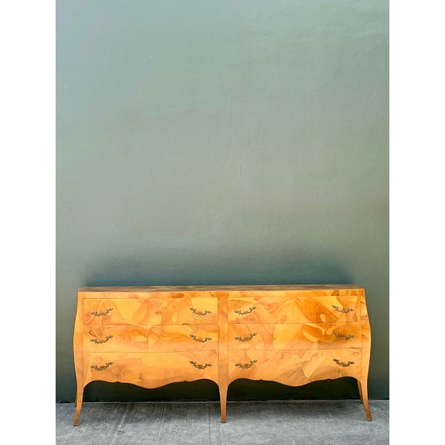 Mid-Century Modern Vintage Italian Burl Olive Wood Long Dresser For Sale - Image 3 of 12