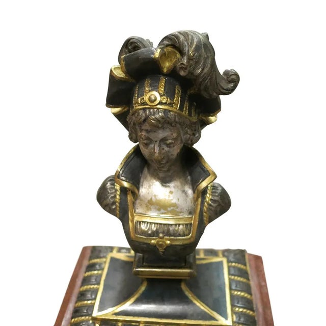 A fine and unusual French figurative silver bronze seal. The bust of a woman is finely cast and detachable from marble...