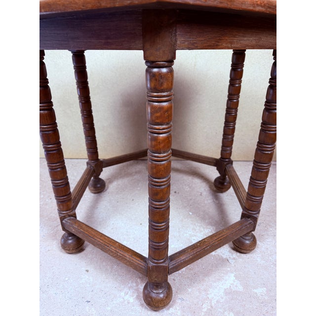 Brown Spanish Hexagonal Wood Side Table with Turned Legs, 1930 For Sale - Image 8 of 10