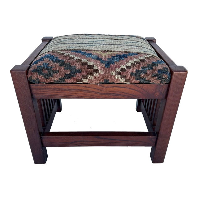 Vintage Mission Style Footstool Upholstered Vintage Kilim For Sale