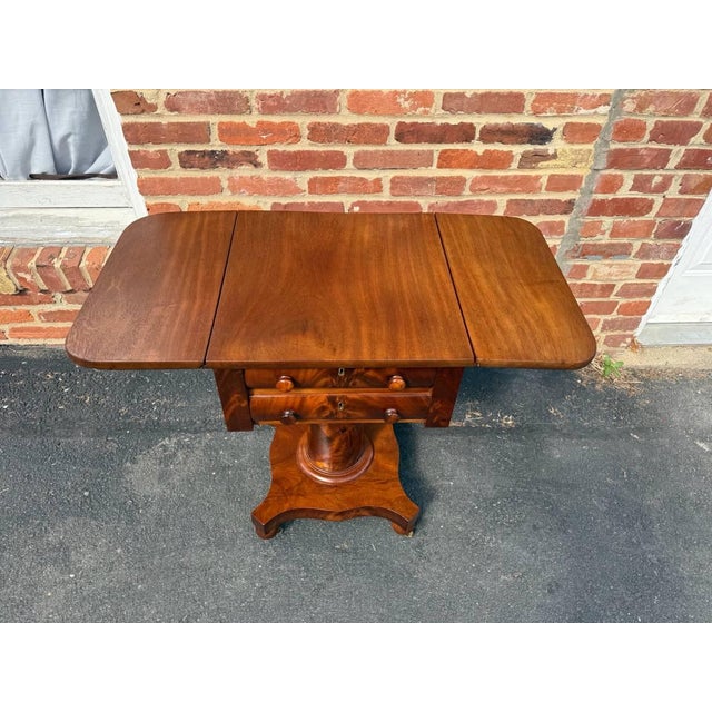 Antique 19th Century Neoclassical American Empire Style Flame Mahogany Drop Leaf Side Table or Work Table 2 Drawers with...