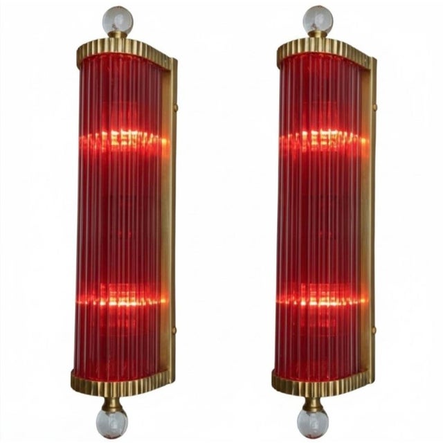 Art Deco Vintage Skyscraper Art Deco Light Old Lamp Wall Sconces Fixture Brass & Red Glass Rod Ship Light - Pair For Sale - Image 3 of 4