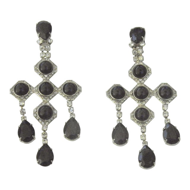 1940s Onyx Diamente Sterling Chandelier Earrings - 2 Pieces For Sale