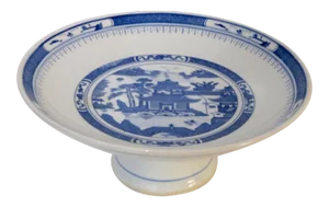 1900 - 1909 Blue and White Porcelain Nanking or Canton Footed Pedestal Shallow Bowl