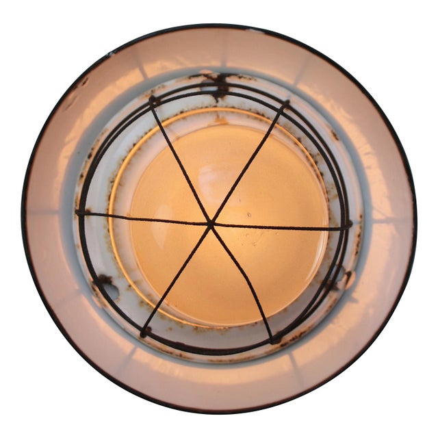 Vintage Industrial Black Enamel and Frosted Glass Pendant Light For Sale - Image 6 of 7