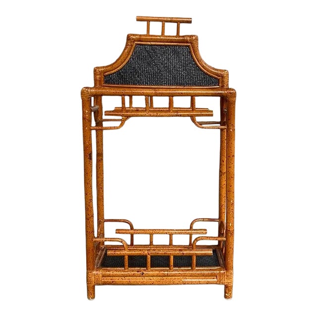 Chinoiserie English Burnt Bamboo and Wicker Pagoda Motif Umbrella Stand For Sale