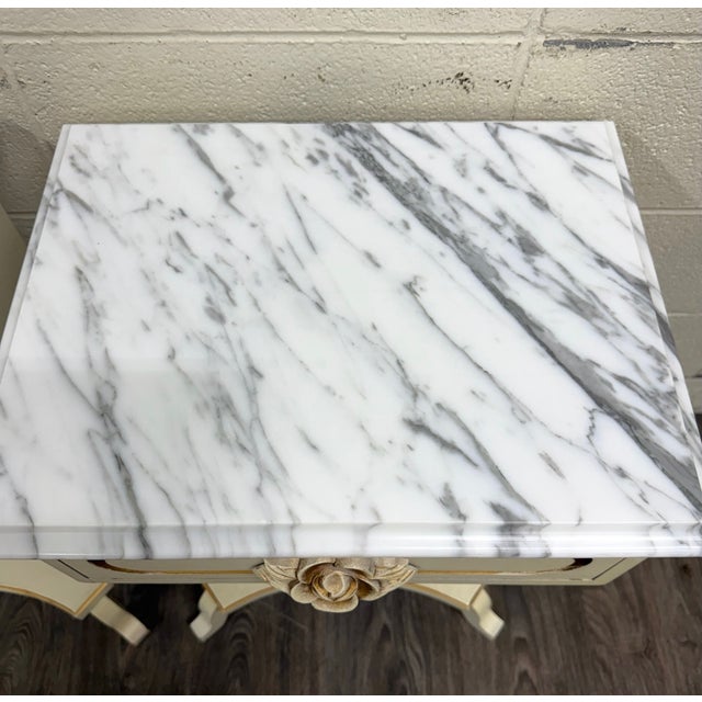 Wood Vintage Hollywood Regency Marble Top Nightstands - Pair For Sale - Image 7 of 16