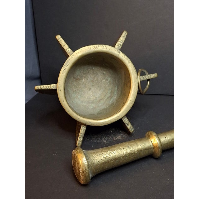 Museum Antique Heavy 18lb Bronze Mortar and Pestle Ribbed Fins Suspension Ring Judaica Sourced J Greenstein For Sale - Image 13 of 18